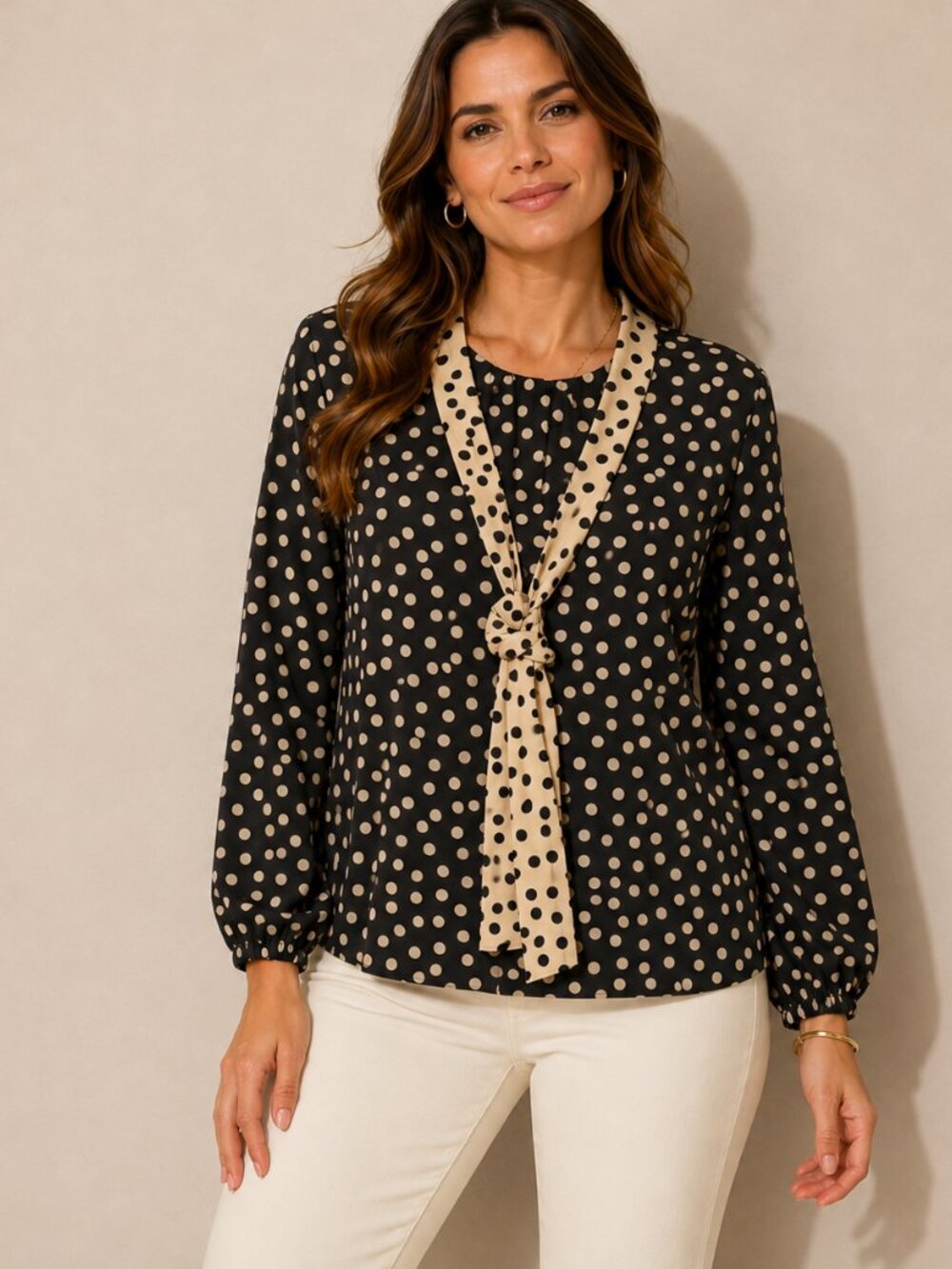 Mud Pie Black Blouse with Cream Polka Dot Tie-Neck